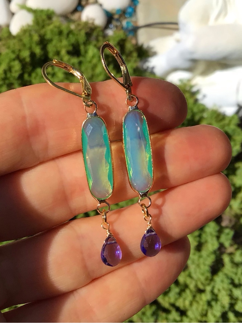 Blue mint chalcedony bezel tanzanite quartz gold plated Earrings - Picture 5 of 13